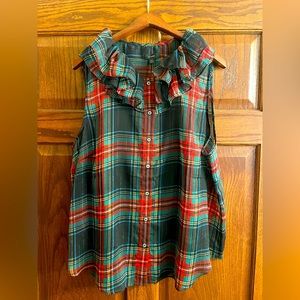 J.Crew Sleeveless Ruffle Collar Top Black Stewart Tartan Plaid NWT